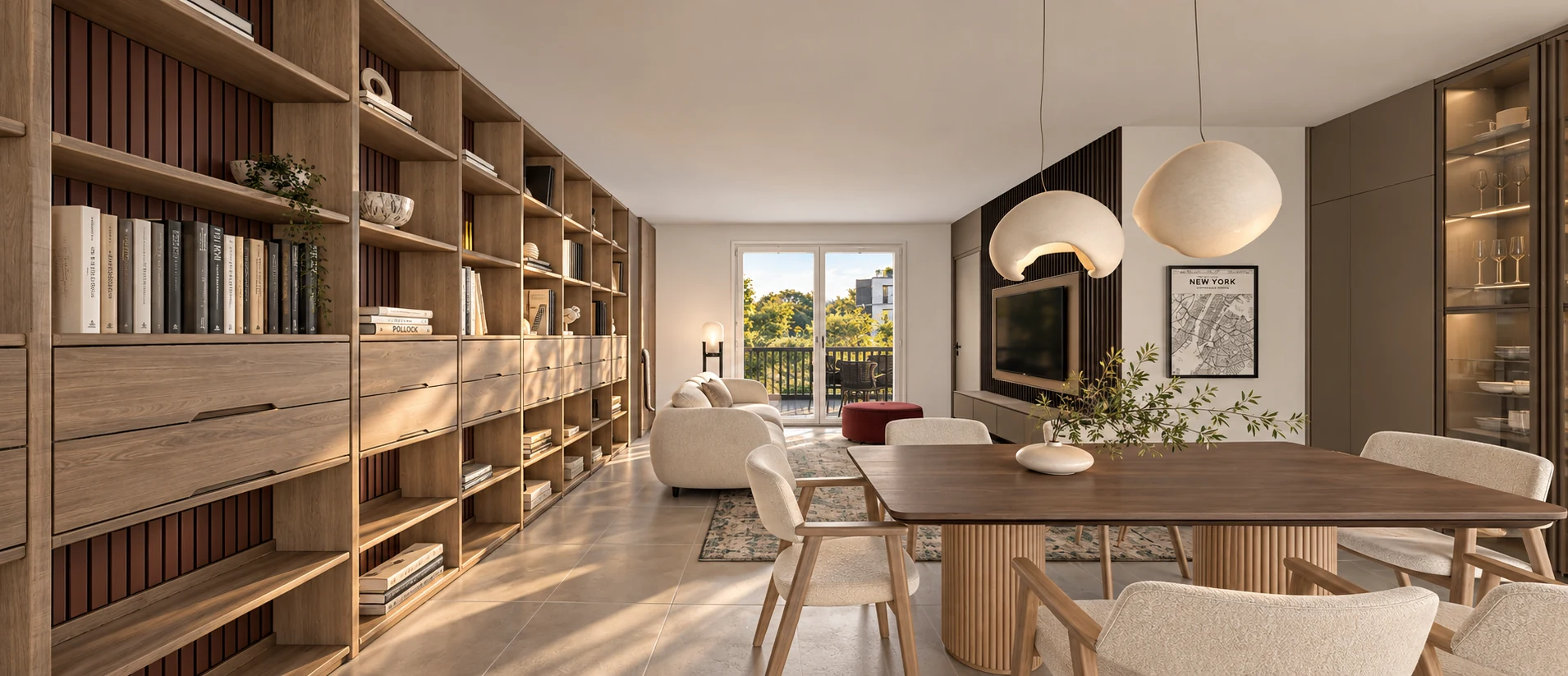 Zona pranzo con libreria